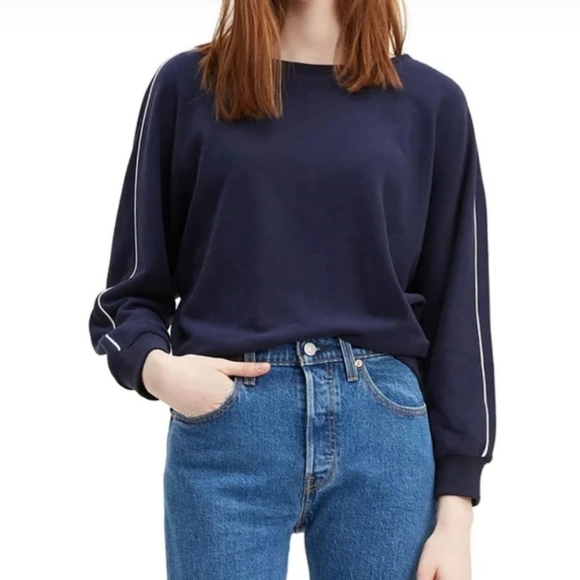 Levi's Navy Blue Crew Sweatshirt White Piping Sleeve, Women's Size L - Picture 6 of 6
